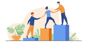 Employees giving hands and helping colleagues to walk upstairs. Team giving support, growing together. Vector illustration for teamwork, mentorship, cooperation concept