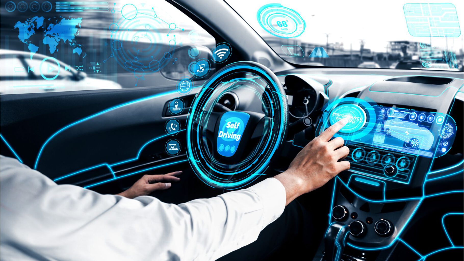 Ein Innenraum von einem Auto, das Cockpit ist digital und mit Sensorik zur Innenraumüberwachung ausgestattet
